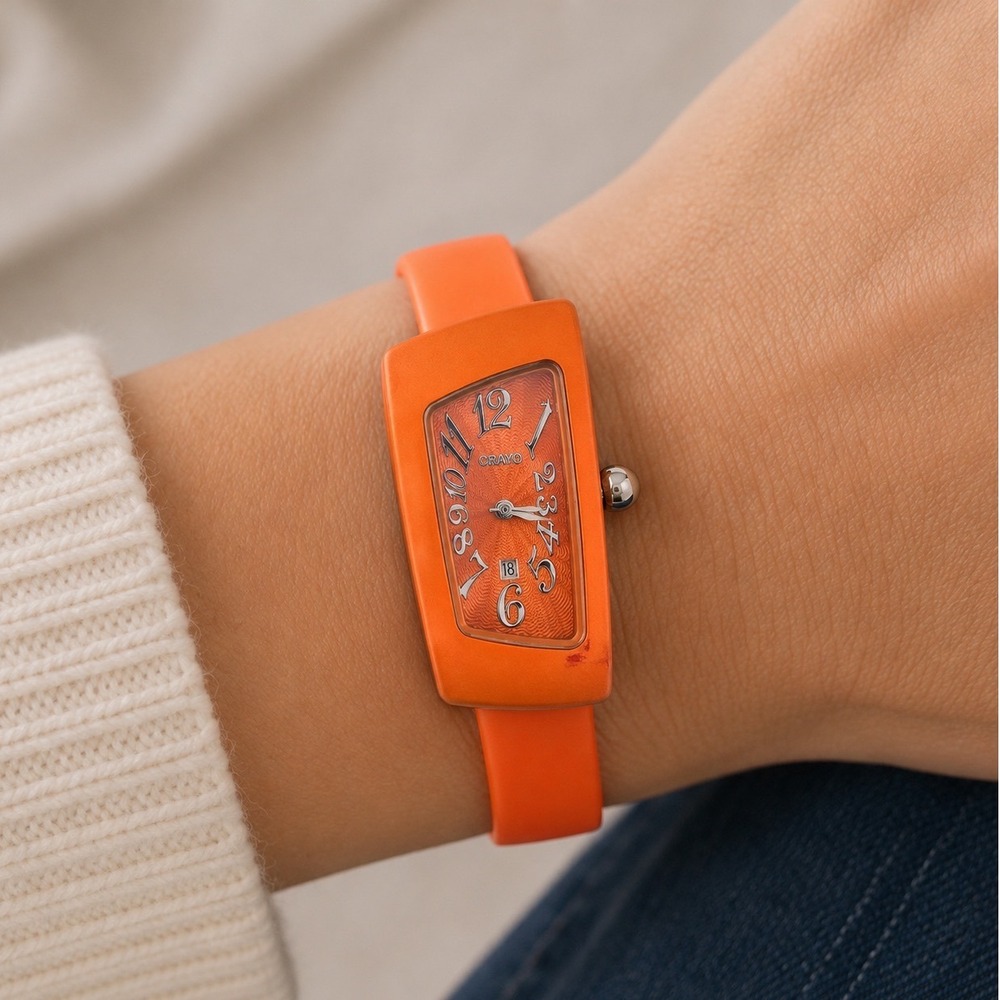 Crayo Womens Rectangular Quartz Watch Orange Silicone Strap Date Works *See